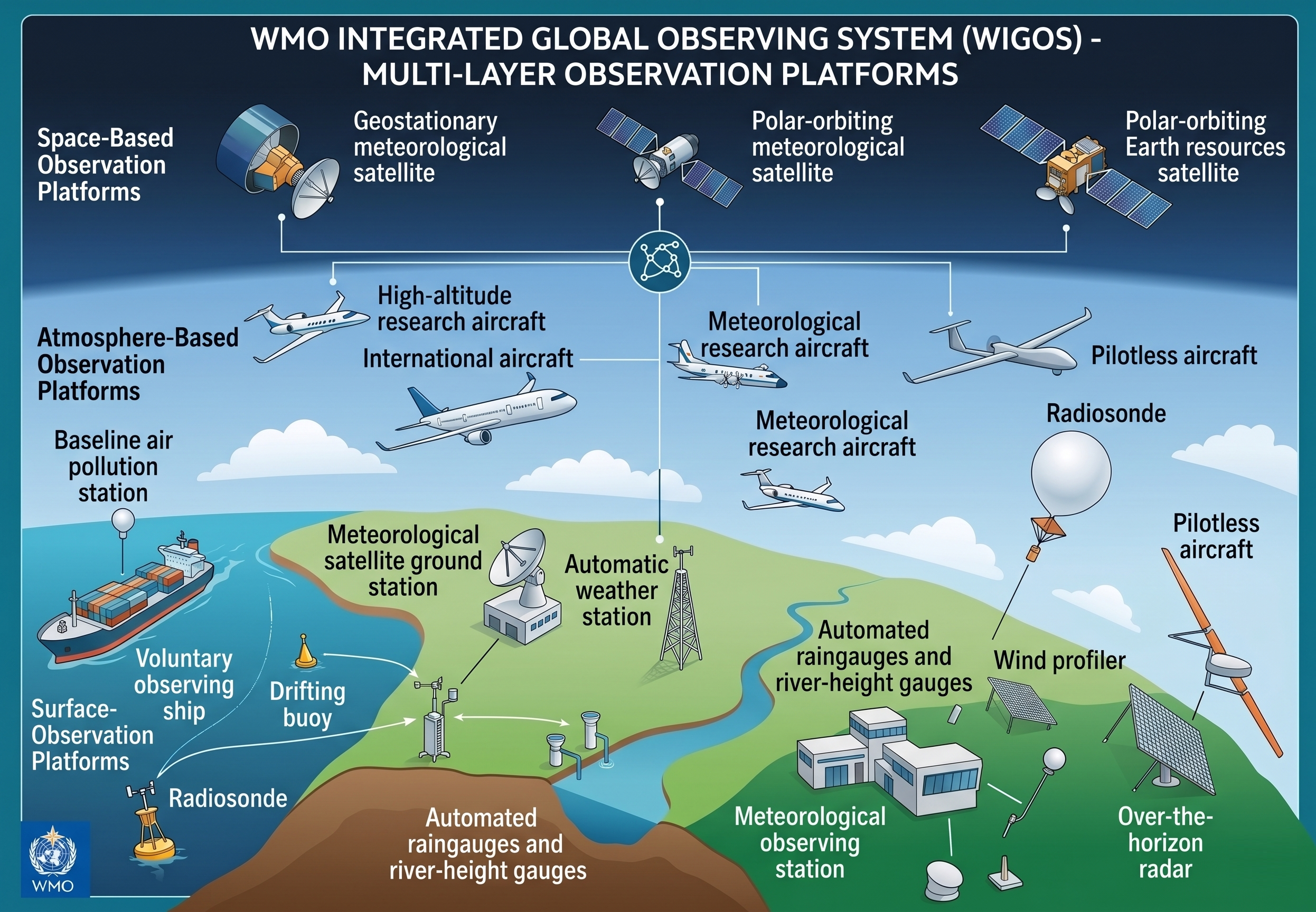 WMO Integrated Global Observing System multi-layer observation platforms